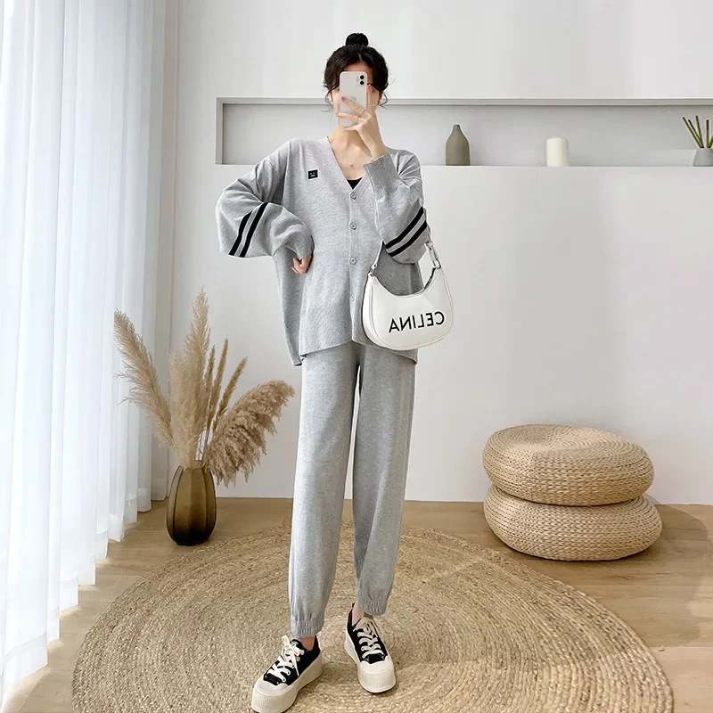 임산부 패션 세트, 가을 니트웨어, 캐주얼 재킷, 바지, 트렌디 아웃웨어, 2 피스 세트