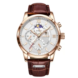 LIGE Luxury Men's Waterproof Luminous Leather Quartz Wristwatch (Rose gold white)