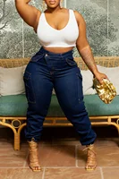 Plus Size Blue All Season Everyday High Waist Warm Skinny Jeans Women's Stretch Button Pencil Pants Mom Casual Pocket Work Jeans - Image 2