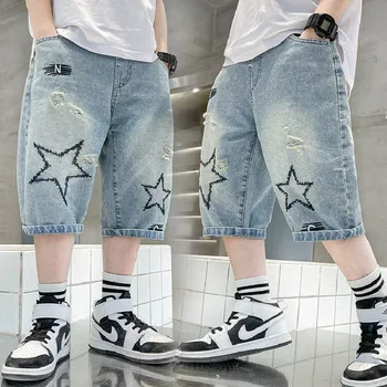 Boys Straight Denim Shorts Summer Children Casual Wide-leg Knee Length Pants Teenage Jean Short Trousers Kids Clothing 5-14 Year 1