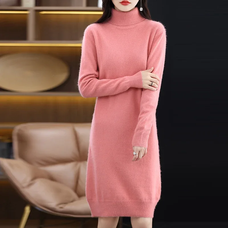 

Autumn And Winter New Mink Cashmere Ladies High-Necked Long Dress Slim Pullover Knitted Wool Bottoming Skirt Z37