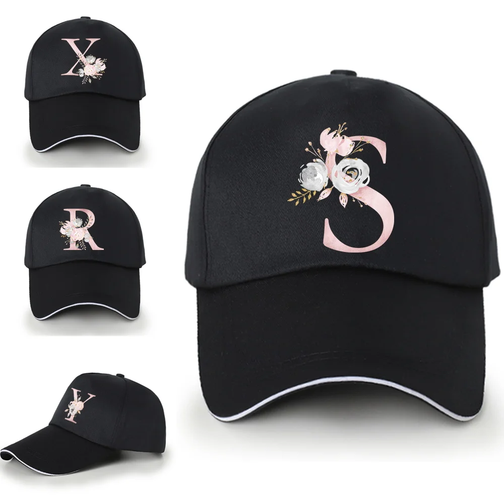 

Fashion Baseball Caps Women Adjustable All Cotton Snapback Hat Men Sports Cap Pink Flower 26 Letter Series UV-proof Visors Hats