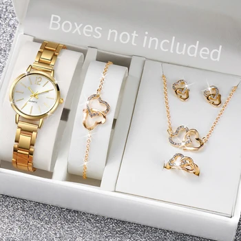 6PCS/Set Simple Scale Dial Women's Watch Fashion Gold Steel Band Quartz Watches Jewelry Set（Without Box） 1