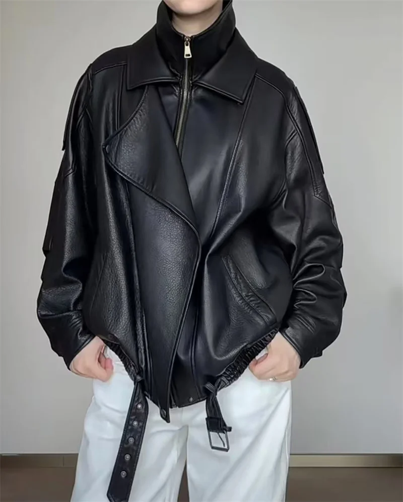 Guobioziy 2026 Fall New Women's Jacket 2026 Fall New Release Loose Faux Leather Biker Jacket Parka European and American Style
