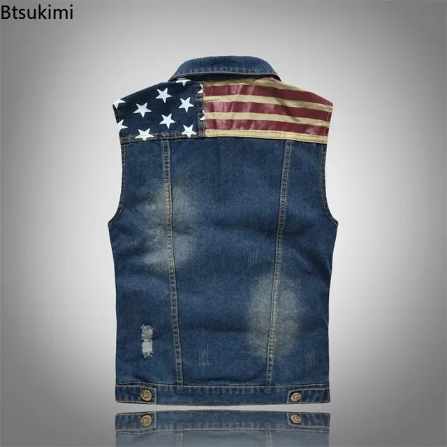 Nueva chaqueta sin mangas de pantalones vaqueros de algodón para hombre, chaleco vaquero azul oscuro, chaleco vaquero para hombre, chaquetas de ocio para hombre, Tops de talla grande 2