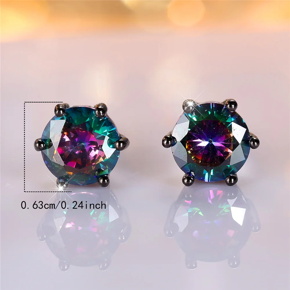Cute Female Crystal Rainbow Zircon Stone Round Stud Earrings Black Gold Color Wedding Jewelry For Women
