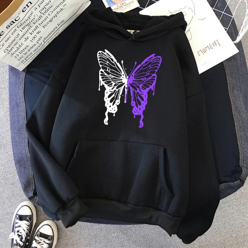 

White and Purple Butterflies Personality Funny Womens Sweatshirts Korean Fashion Hoodies Loose Sweatshirt Casual Female Hoody