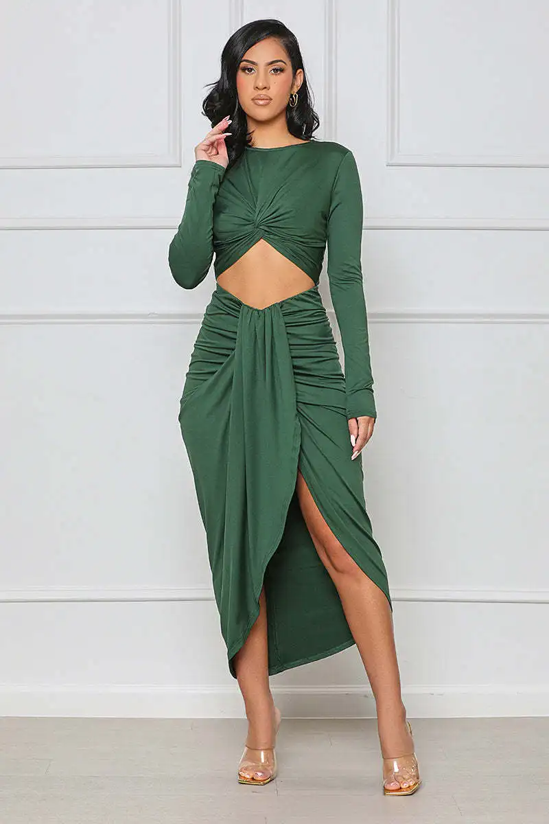 

Bodycon Midi Irregular Maxi Long Dress Sexy Party Club Dresses Women Draped Ruched High Split Cutout Front Long Sleeve