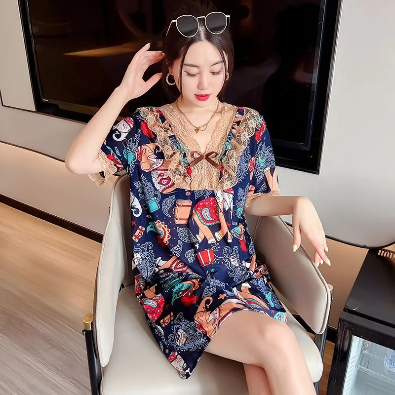 

2024 New Women's Trendy Elegant High End Home Dress Pajamas Cool Girl Summer Short Sleeved Sleepshirts Retro Ice Silk Nightgowns