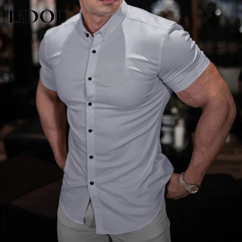 Fashion Gym Muscle Polo Neck Short Sleeve Shirts Men Elasticity Thin Solid Sport Casual Cardigan Business Shirts Male Blouses