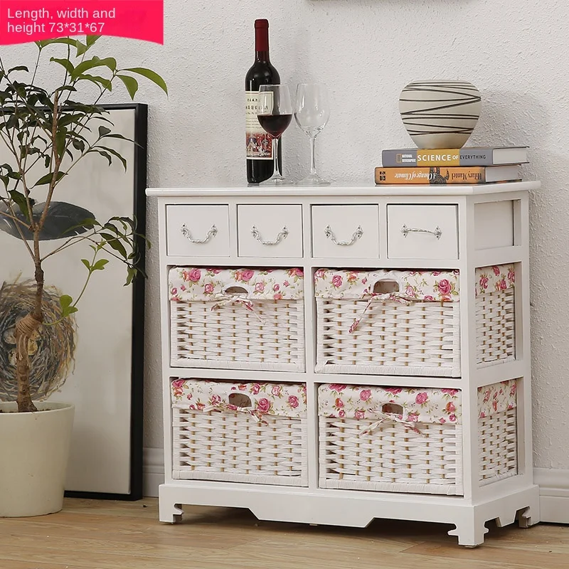 

Korean style simple solid wood bedside table, light luxury, rural dining cabinet, rattan storage, children's bedroom storage