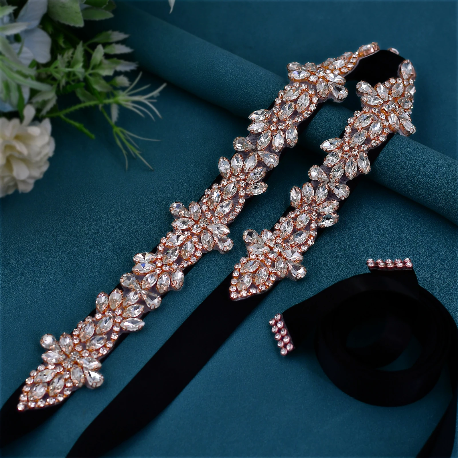 Rose Gold Rhinestone Bridal Belt Crystal Ribbon Sash Wedding Dress Decoration for Bride Wedding Accessories Applique S429