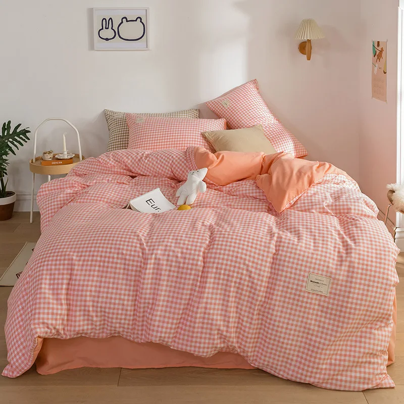 

Bedding Set New Grid Dyed Cotton Washed Cotton Four-piece Set Pure Cotton Brushed Simple Super Soft Bed Sheet Quilt Cover Linens