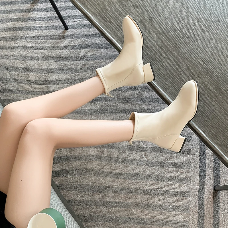 Women Beige High Heels Ankle Boot Winter Female Square Toe Chelsea Boots Short Boot Fashion Zip Women's Boots 2024 Autumn Winter