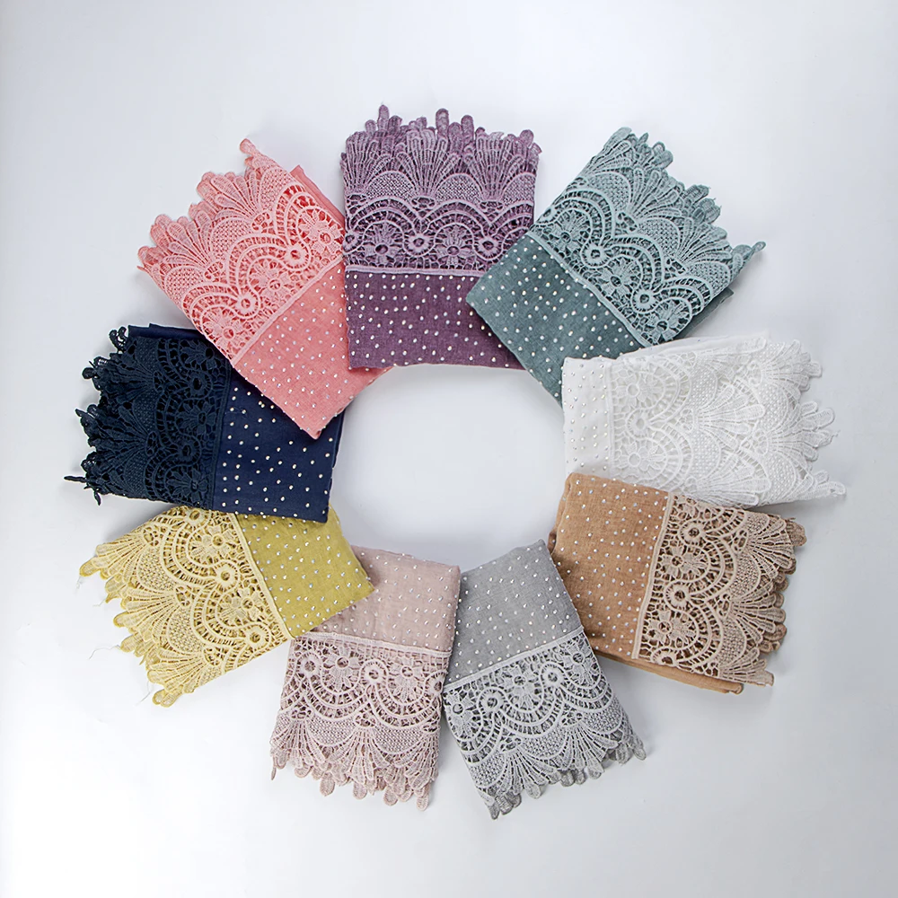 Fashion Cotton Embroidery Hijabs Scarf Big Size Shawls Women Lace Pearls Headscarf Wraps Muslim Headband Turbans Femme Bandana 4