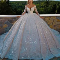 Customized V-Neck Lace Wedding Dresses Off The Shoulder Long Sleeve Shiny Beaded Sequins Princess Ball Gown Vestidos De Novia 1