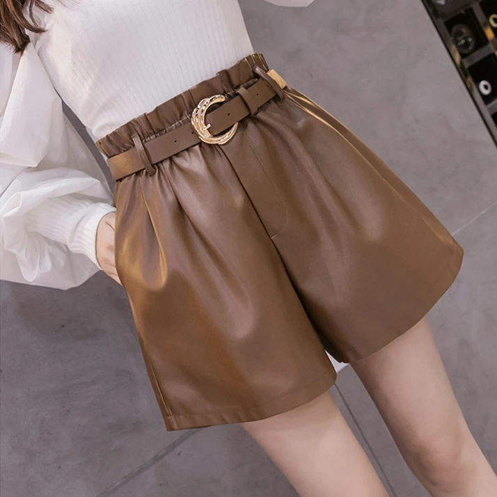 2022 New Autumn Winter Black PU Faux Leather Women's Shorts Sashes High Waist Wide Leg Shorts Elegant Female Trousers bike shorts women Shorts