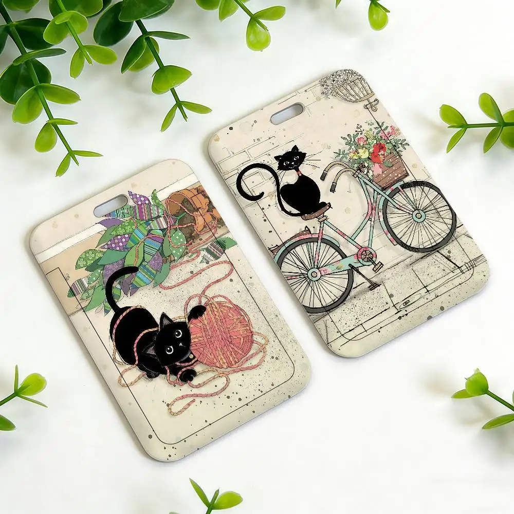 귀여운 검은 고양이 ID 카드 홀더 목걸이 펜던트 도어 홀더 랜야드 키체인 직장 신분증 케이스 선물