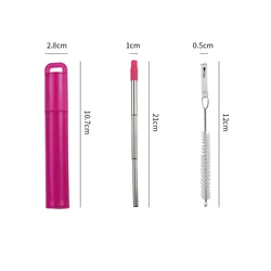 Compact Foldable Stainless Steel Straws with Keychain Holder for Travel and Outdoor Use (Red)