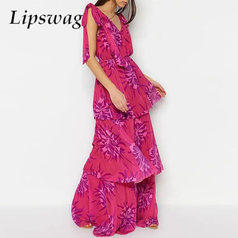 

Women Casual Tie-up Bow Strap Boho Beach Dress Fashion Floral Print Ruffle Maxi Party Dress Sexy Deep V-neck Backless Long Dress