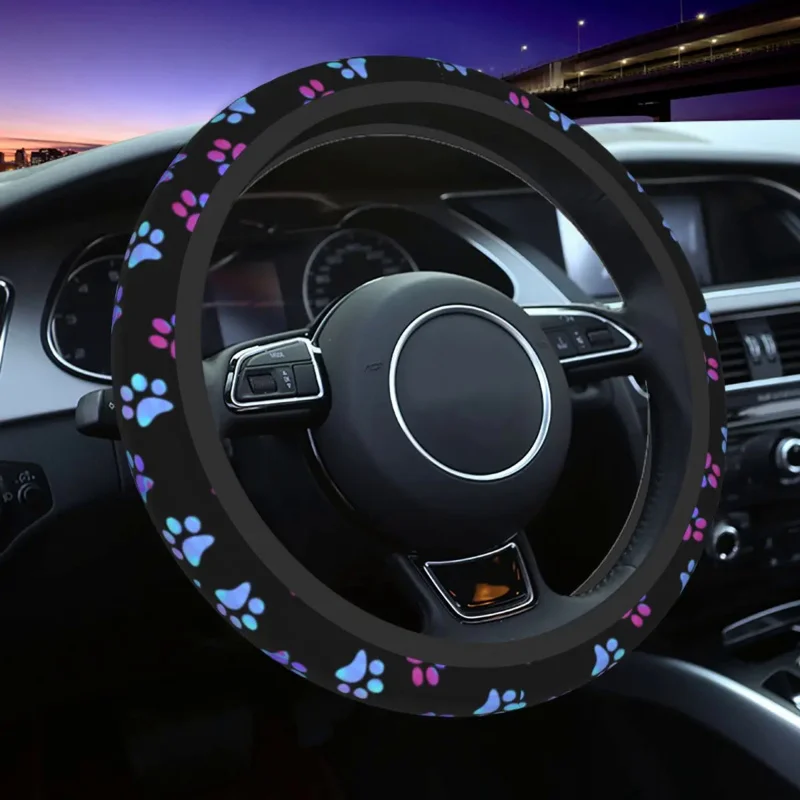 

Blue Yellow Galaxy Paw Prints Cover Pretty Puppy Pet Steering Wheel Protector 14.5-15 Inch Car Accessories