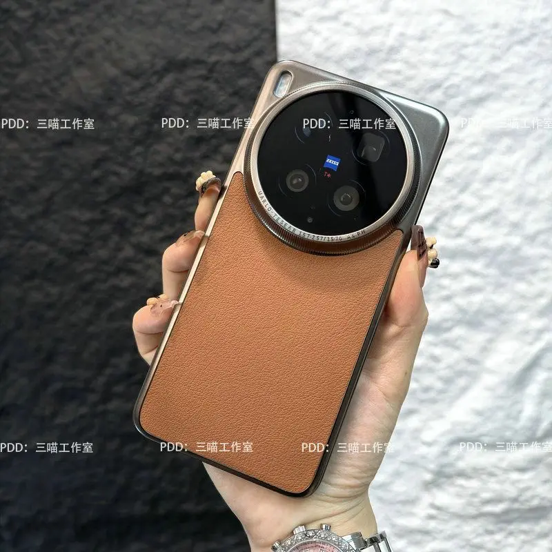 Luxury PC Leather Electroplated Matte Titanium Gray Frame Protective Camera Back Cover