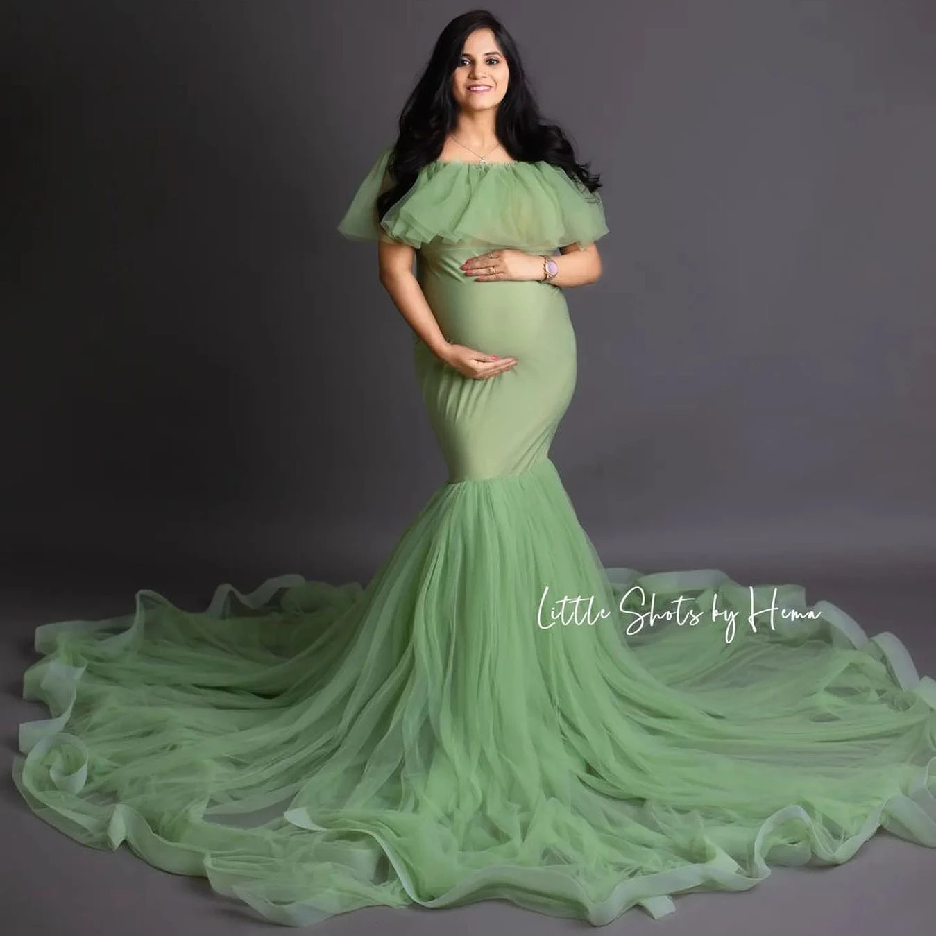 Green Mermaid Maternity Robes for Photo Shoot Off Shoulder Ruffles Pregnant Women Dresses Sexy Floor Length Baby Shower Gowns