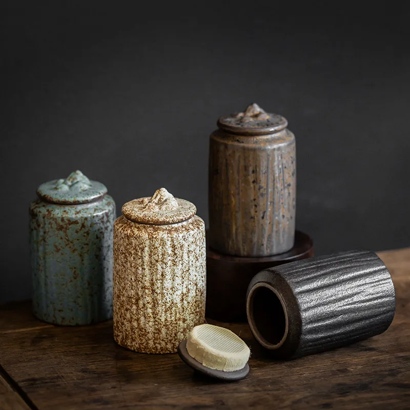 

Retro Storage Tank Stoneware Tea Tins Hand Moisture-proof Stripe Tea Warehouse Kung Fu Tea Canister