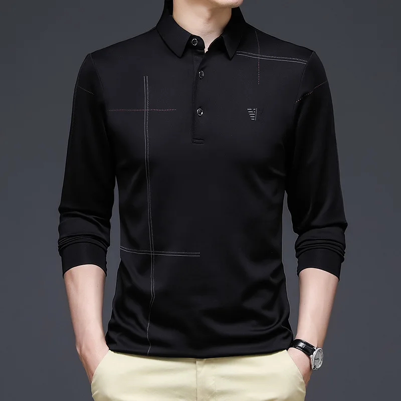 

2023 Summer Thin Men's Ice Silk Long-sleeved T-shirt Lapel Polo Shirt Loose Spring and Autumn Clothes Top