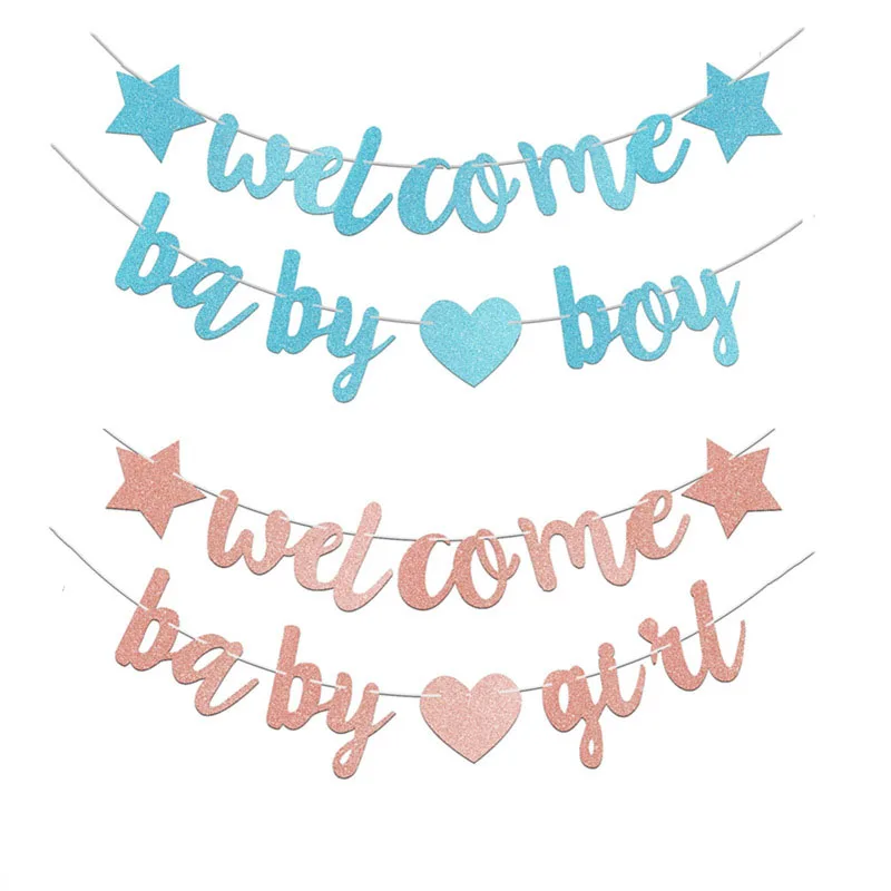 

Glitter Welcome Baby Girl Boy Heart Banner Flags Garland for Baby Shower Birthday Gender Reveal Party Photo Props Decoration