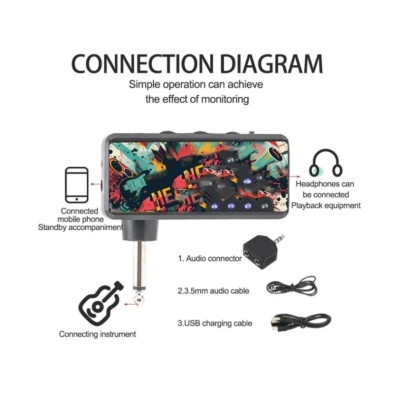 클래식 록 매니아를 위한 소형 기타 헤드폰 앰프 USB 충전식 3.5mm 입력 및 헤드폰 입력
