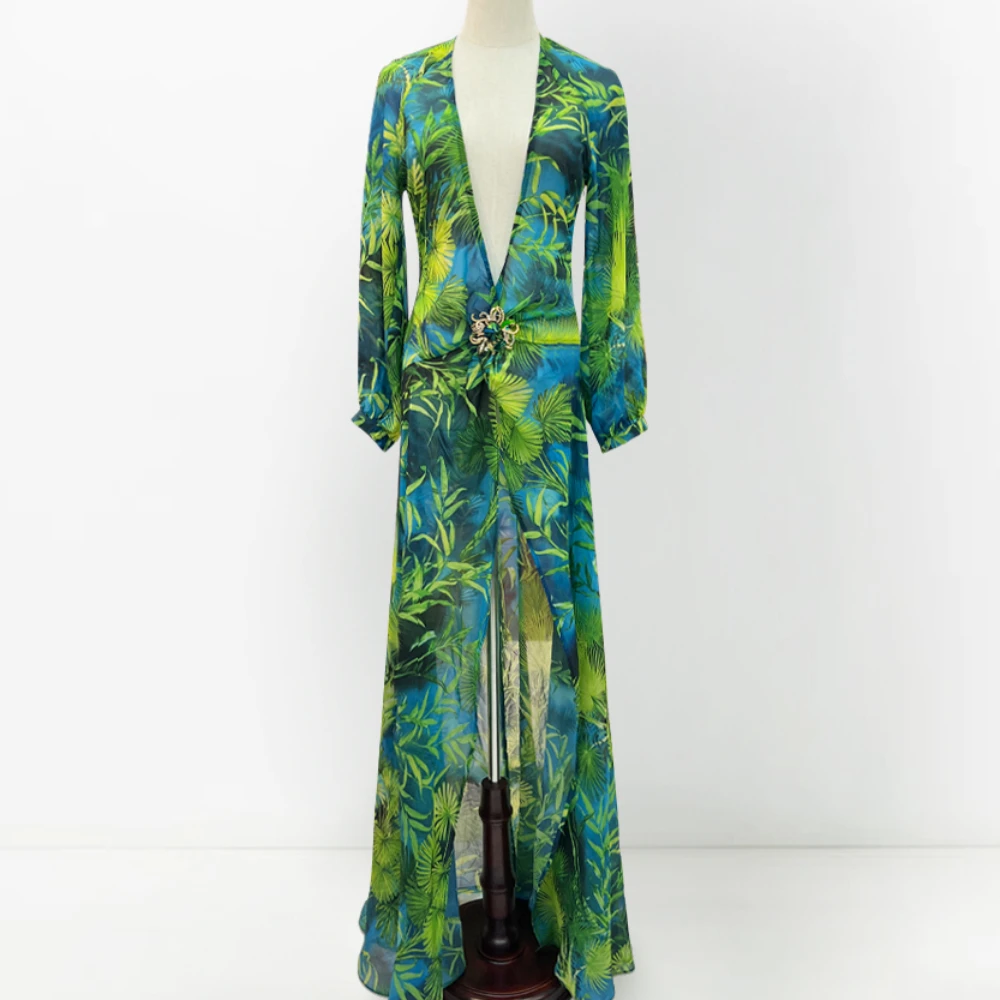 Green long print deep V-neck hollow back dress with jewelry buttons banquet skirt party beach skirt
