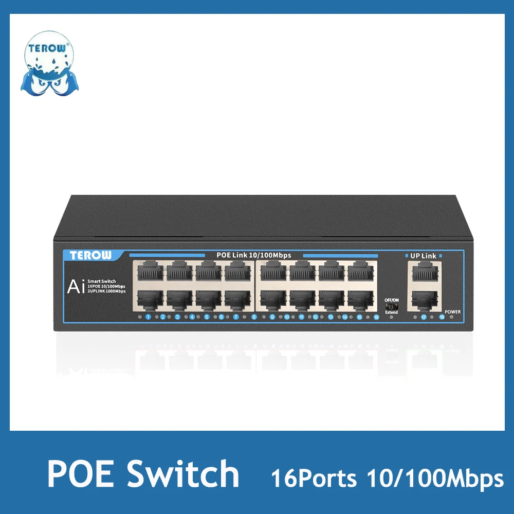 Terow-poe Fast Ethernet Switch Rede Switch Câmera Sistema de Câmera Wireless ap Ieee 802.3 af at 16 Port 100mbps