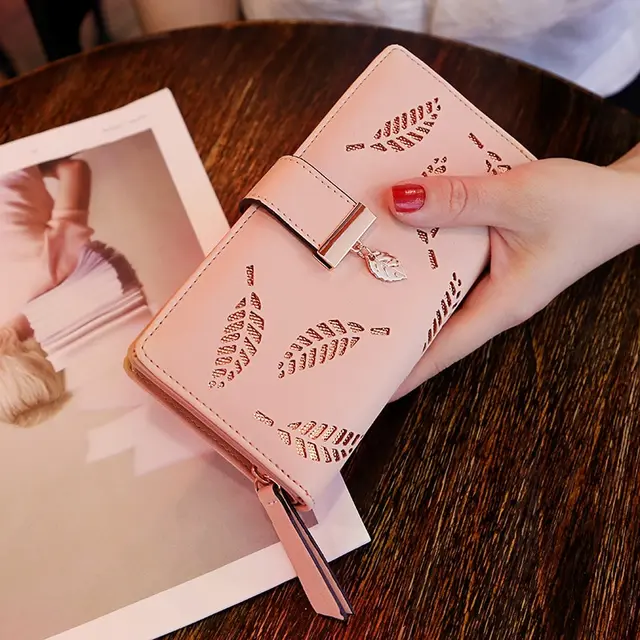 Fashion PU Leather Wallet Purse Women Long Wallet Gold Hollow Leaves Pouch Handbag For Women Coin Purse Card Holders Clutch 5