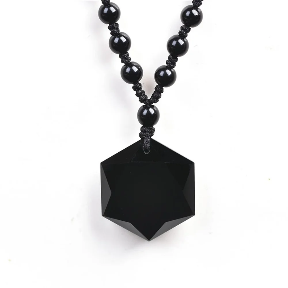 100% Natural Black Obsidian Carved Lucky Six Angle Star Faced Pendant + Free Necklace Fashion Crystal for woman man's Jewelry