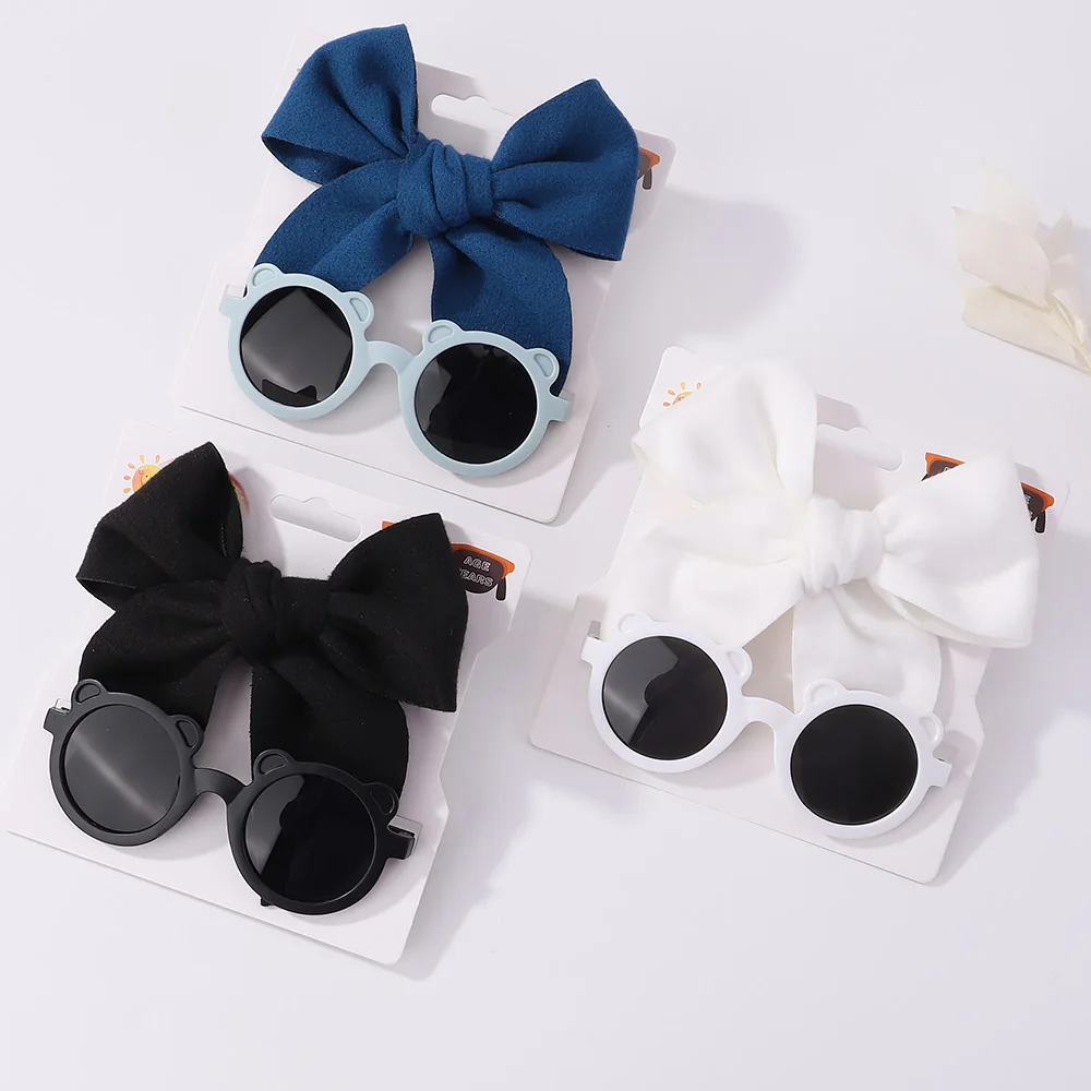 2pcs/set Girl Cute Cartoon Sunglasses Set with Large Nylon Hairpin Beach Seaside Sun Glasses Baby Hair Clip Kids Headwear Gift