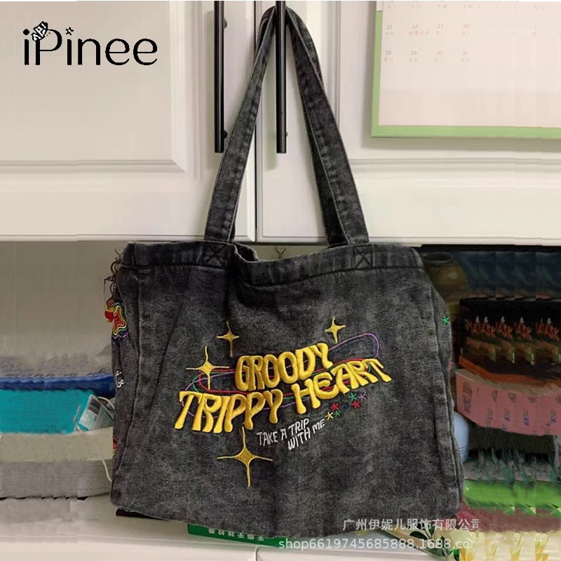 

Тайланд приобретает Hamblepie деним дымчато-серая Вышивка Повседневная Большая вместительная Холщовая Сумка с фотографией