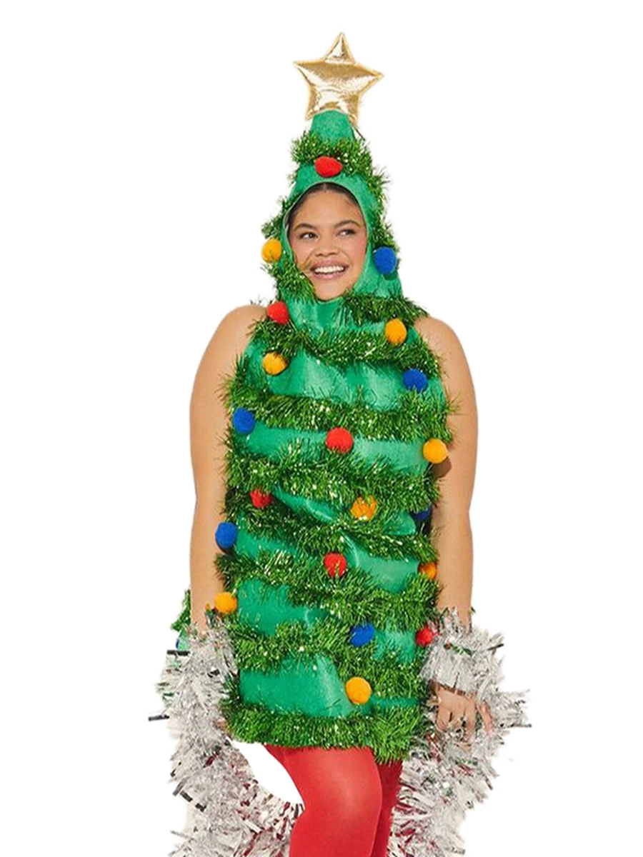 Christmas Tree Costume Sleeveless Hood Tops Green Plush Star Tinsel Adult Cosplay Party Prop Festive Holiday Outfit
