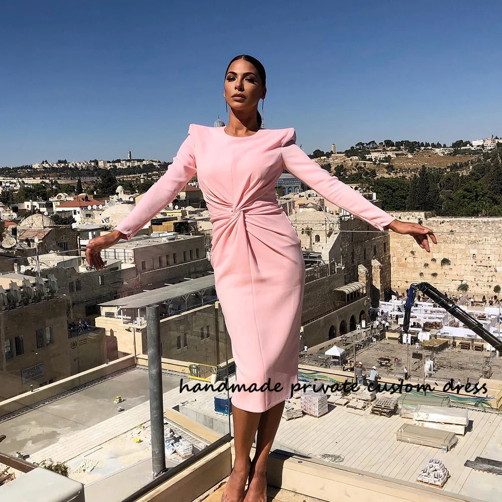 Baby-Pink-Mermaid-Evening-Dresses-Long-Sleeve-Pleats-Satin-Saudi-Arabic ...