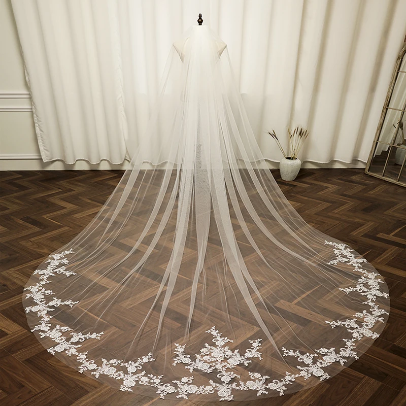 

White Ivory New Wedding Veils 3.5 Meter Long Appliqued Cathedral Bridal Veil Veu De Noiva 2024 with Metal Comb