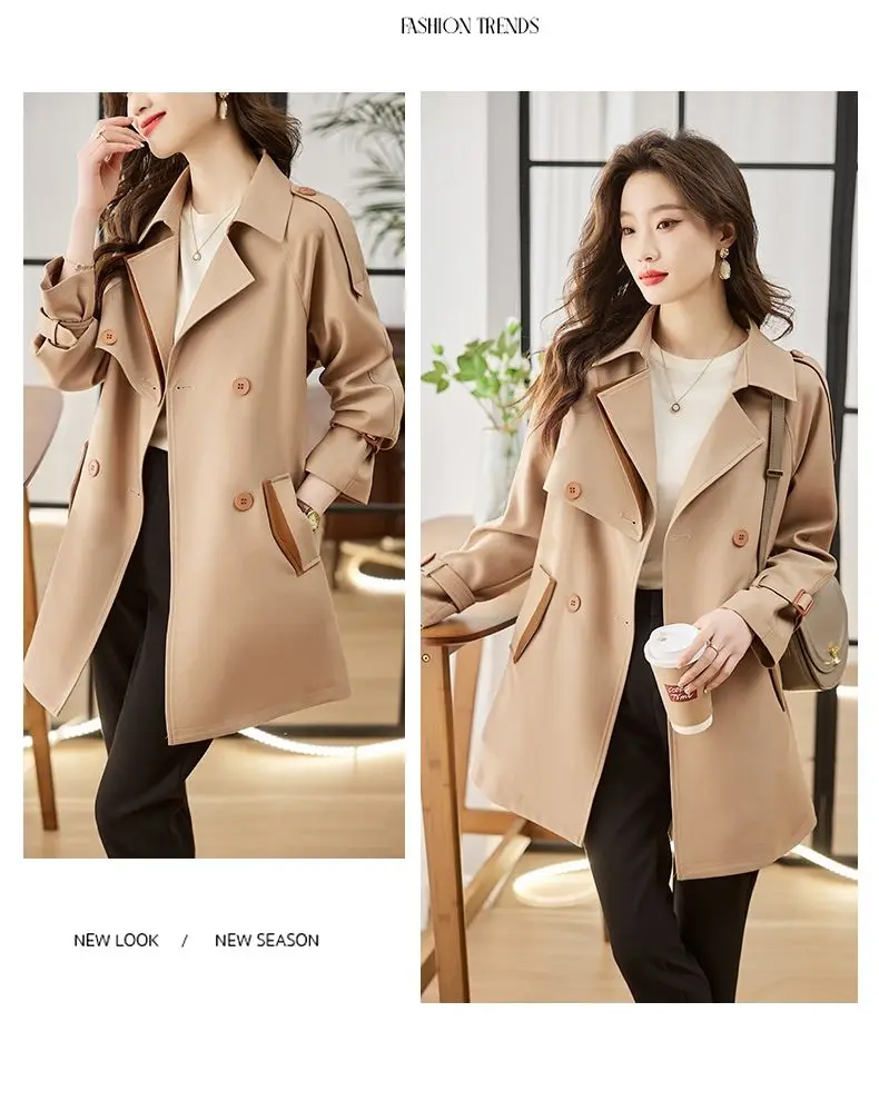 Solid Mid length Trench for Women Fall Winter 2023 New Vintage Turn Down Collar Long Sleeve Jacket Loose Double Breasted Coat
