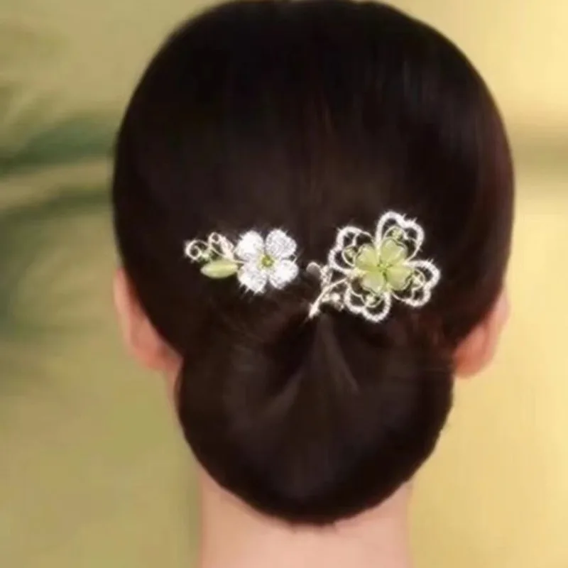 여성용 패션 녹색 클로버 Updo 헤어 액세서리, 레트로 럭셔리 지르콘 꽃 머리핀, 레이지 맨 타이 업 비녀 엄마 모자