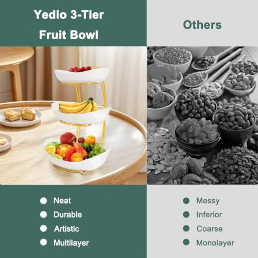 3 Tier Fruit Bowls for Kitchen Counter White Ceramic Serving Bowls with Gold Metal Stand Tiered Fruit Basket Display Rack for F