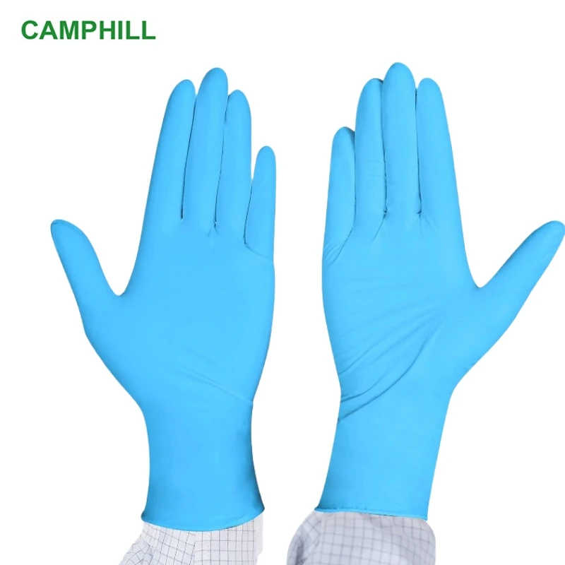 Gants nitrile jetables bleus de 9 pouces, vue de dessus montrant la texture.