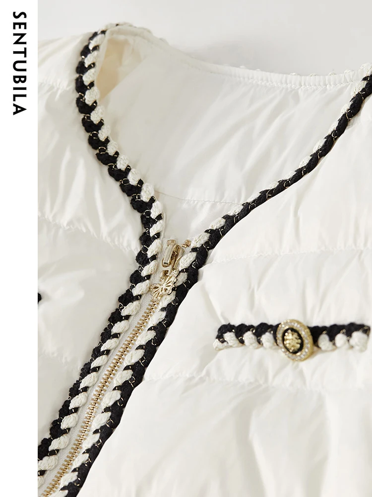 SENTUBILA Women's White Duck Down Coat 2023 Autumn Winter Simple Cropped O-Neck Fashion Zipper Down Jacket Office Lady W34Y49693