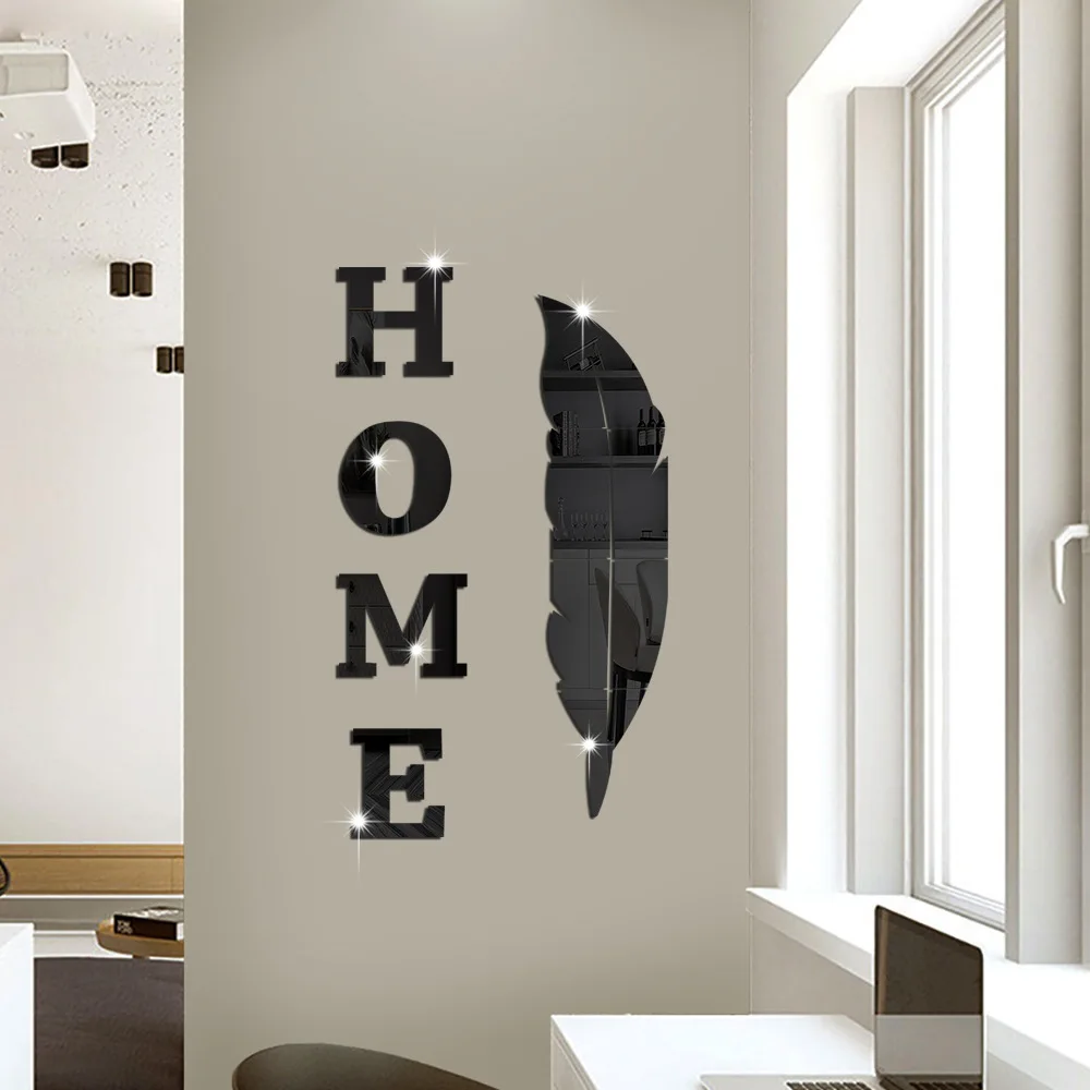 3D English Letter Feather Mirror Paste Decoration Room Porch Living Room Background Wall Mirrors Modern Home Decoration mirror wall sticker