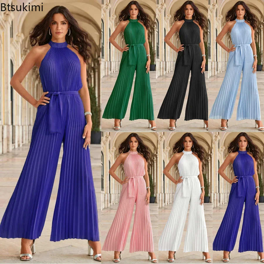2024 New Spring Summer Elegant Jumpsuit Women Straps Sleeveless Low Cut Wide Leg Long Pant Romper Solid Halter Lace Up Overalls