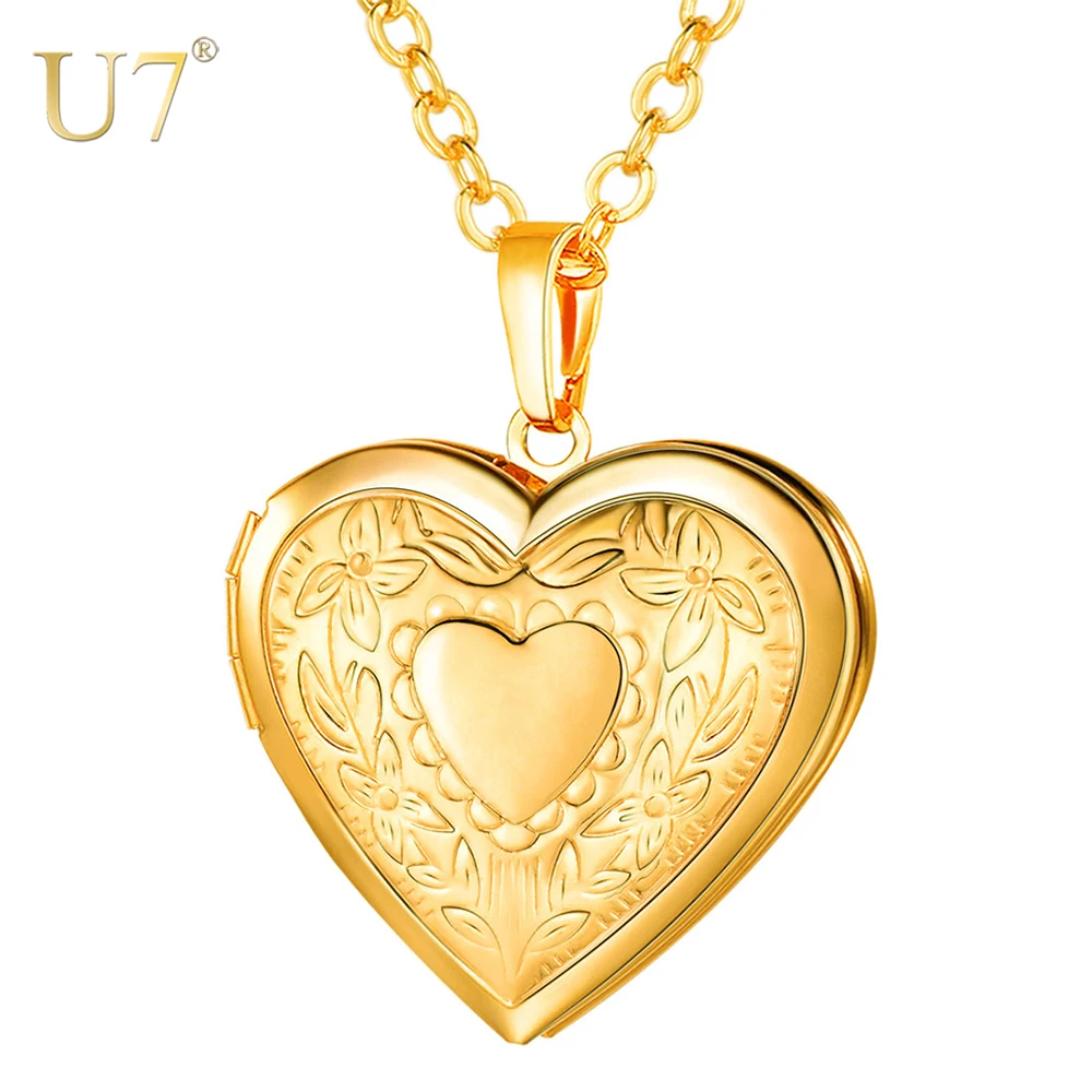 U7 Engraved Locket Necklace Platinum Plated I Love You Necklace Valentines Jewelry Photo Locket Pendant & Chain 