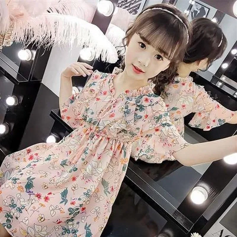 Dress Girl Summer 2022 Princess Tight Waist Floral Party Clothes Children 11 Student Fashion Dresses 2 Toddler 8 Years Old |