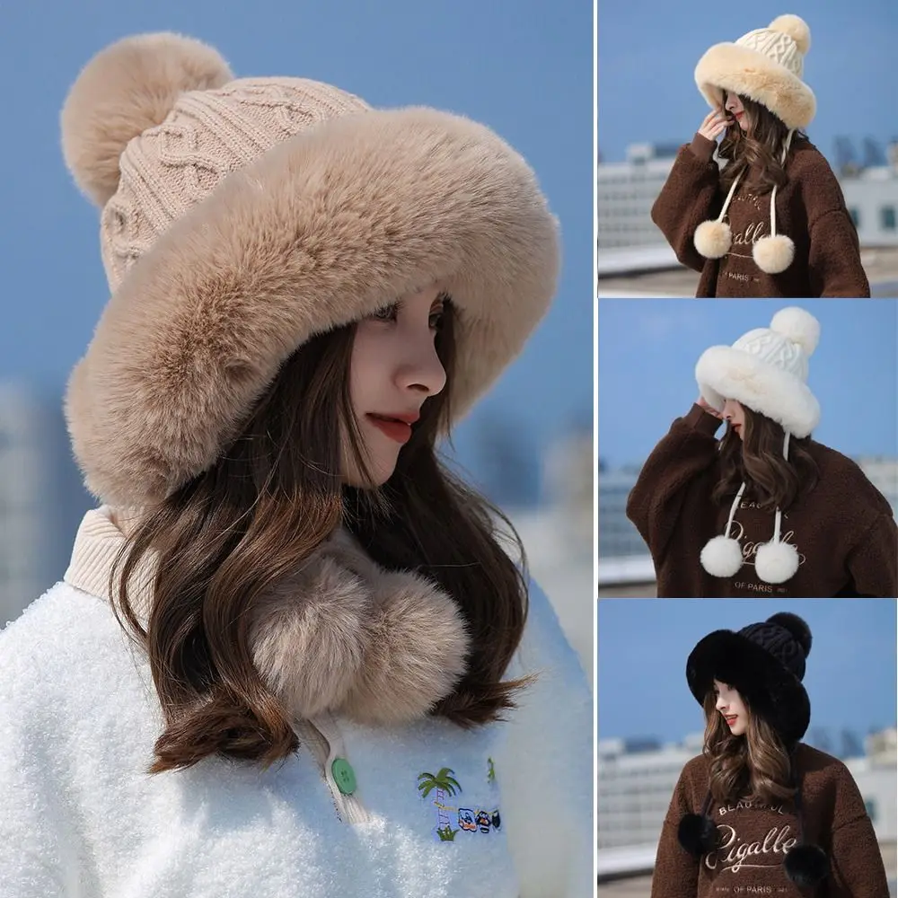 

Fashion Faux Fur Knitted Bobble Beanie Hat Cute Pom Pom Ball Cossack Skiing Furry Cap Winter Thicken Warm Cold-proof Knitted Cap